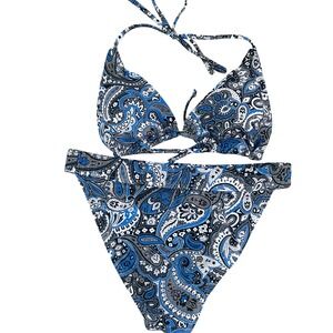 Damsel Bikini Set Women XL Blue Paisley New Triangle Top High Leg Bottom